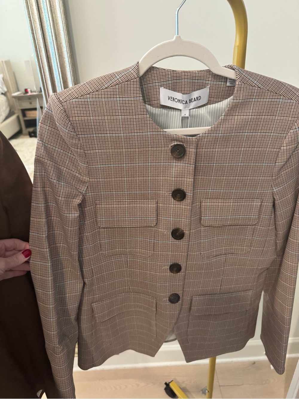 Veronica Beard Tan Plaid Round-Neck Button Jacket